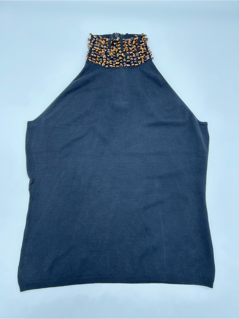 Worth Silk Blend Black Halter Top with Tigers Eye Like Beads at Neck M